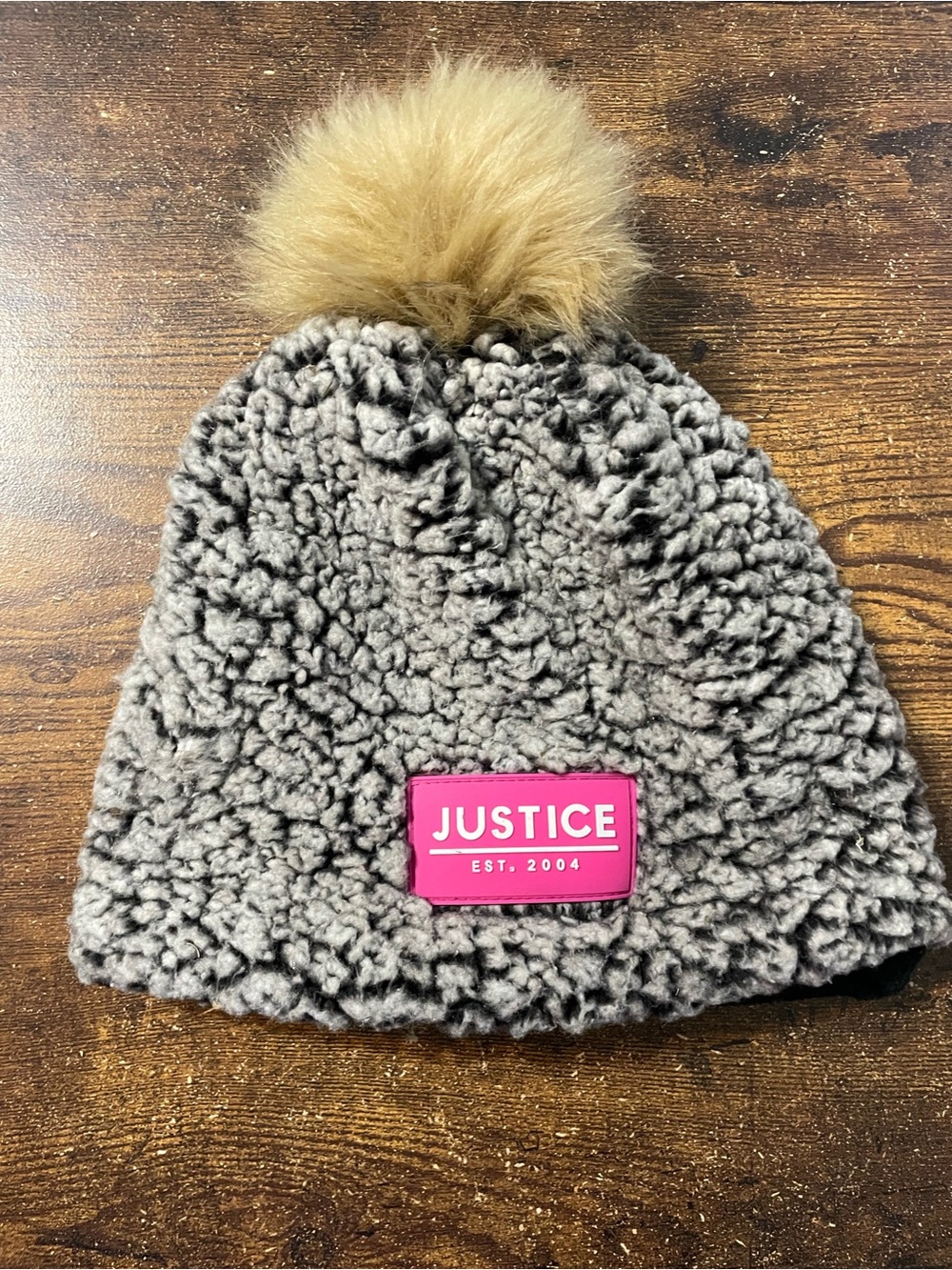 Justice Kids Taupe Faux Sherpa Beanie with Tan Pom and Pink Logo